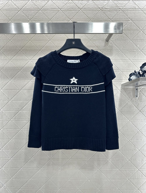 Dior Customized Wool Round Neck Sweater with Star Logo and Ruffled Shoulders