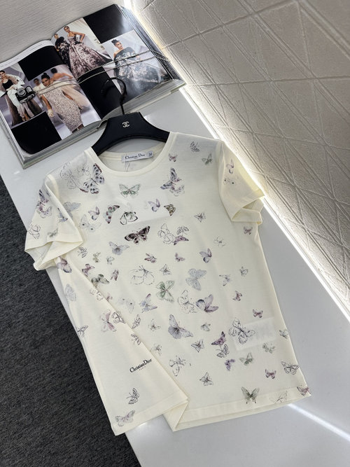 Dior Customized Cotton Short Sleeve T-Shirt with Colorful Butterfly Decor