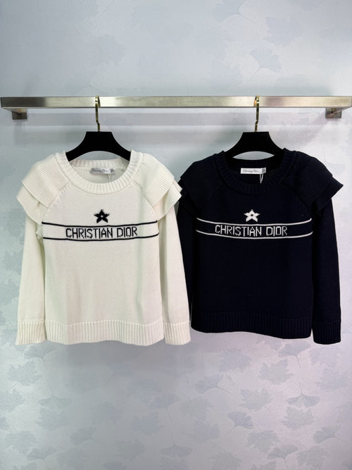 Dior Knit Sweater with Ruffled Sleeves and Letter Logo