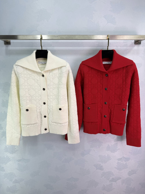 Dior Diamond Pattern Knit Jacket with Flip Collar and Black Buttons