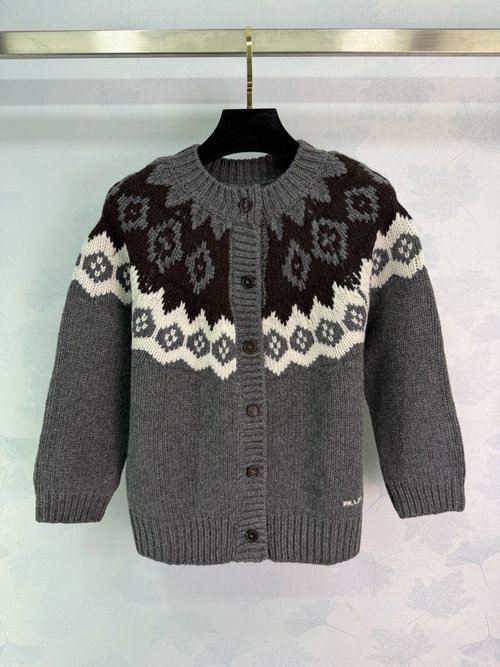 Prada Fair Isle Knit Cardigan with Geometric Patterns and Black Buttons