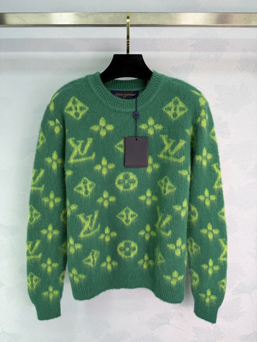 Louis Vuitton Green Floral Knit Pullover with Monogram Print and Neon Accents