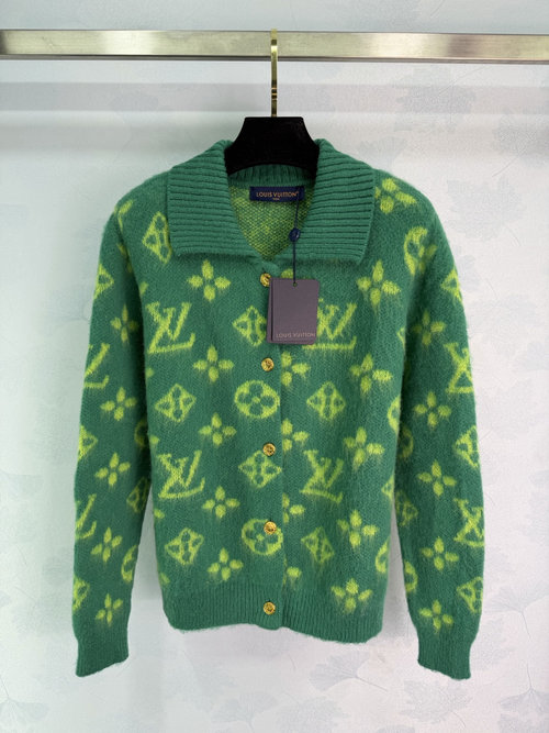 Louis Vuitton Button-Closure Knit Cardigan in Fluorescent Green with Monogram Print