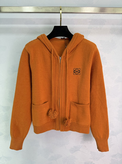 Loewe Orange Knitted Hoodie with Zipper and Anagram Embroidery, Cozy and Stylish