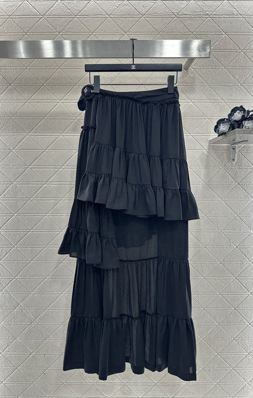 Louis Vuitton Imported Twill Ruffled Mid-Length Skirt with Adjustable Waist Belt