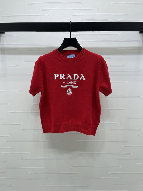 Prada High-Quality Imported Wool Round-Neck Embroidered Short Sleeve