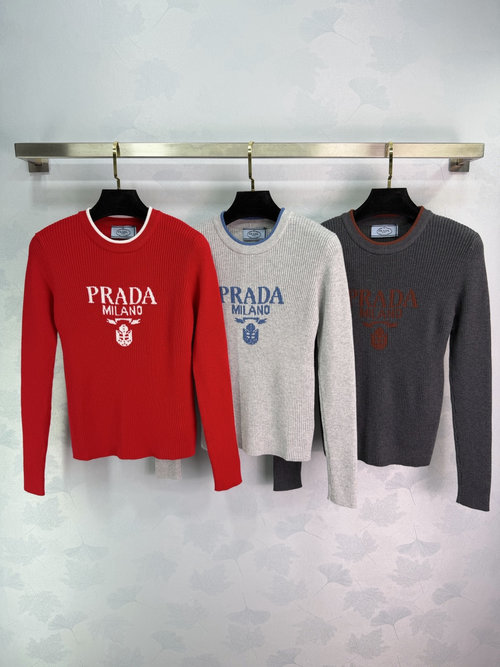 Prada Crew Neck Sweater with Shield Badge and Letter Embroidery for Timeless Appeal