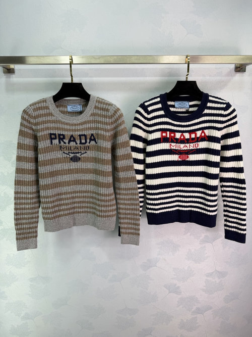 Prada Customized Wool Knit Striped Pullover with Hooked Flower Logo