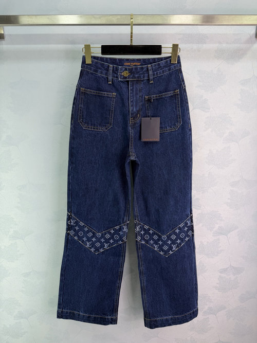 Louis Vuitton Spliced V-shaped Logo Jeans with Monogram Canvas, Stylish and Comfortable