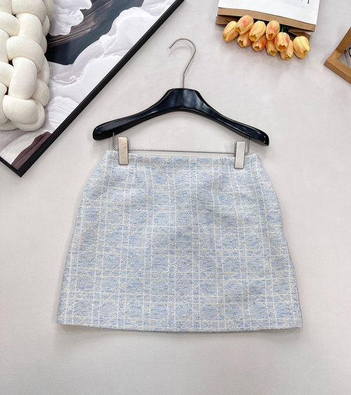 Dior Ice Blue Tartan Tweed Suit Skirt with Elegance