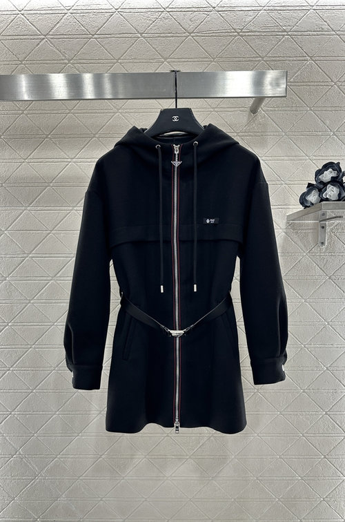 Prada Custom Woolen Belted Hooded Mid-length Coat with Logo