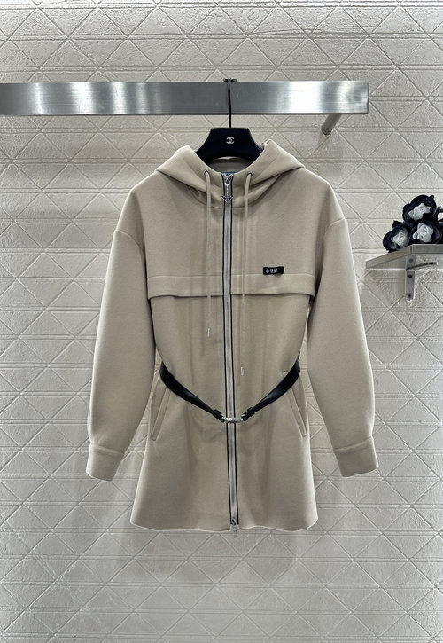 Prada Custom Woolen Belted Hooded Mid-length Coat with Logo