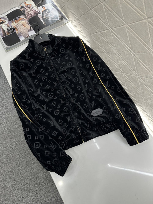 Louis Vuitton Velvet Baseball Jacket with Bright Yellow Strap, Brand-Exclusive Look