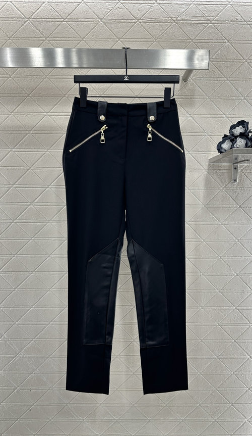 Louis Vuitton High-elastic Leather-patched Zipper Trousers with Logo Buckles