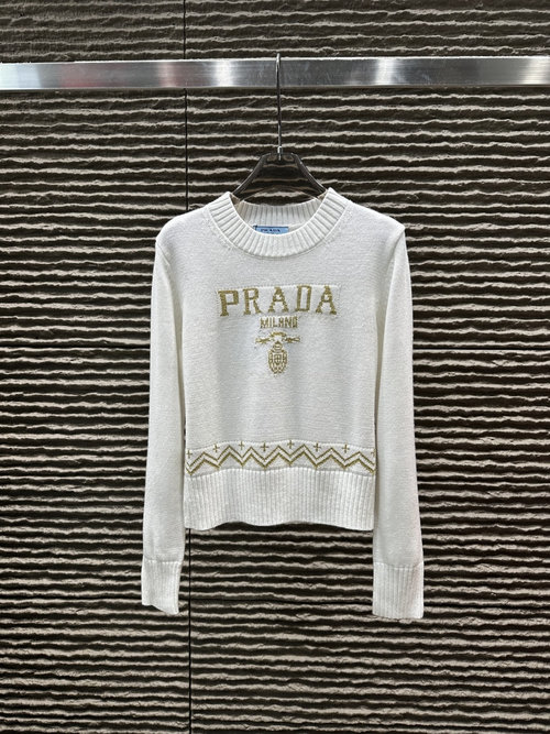Prada New Arrival: Gold Thread Jacquard Letter Pullover Sweater
