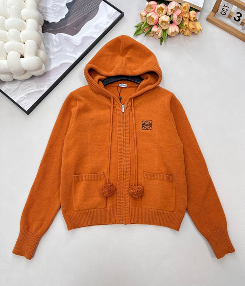 Loewe Stylish Caramel-Orange Hooded Knit with Embroidered Detail