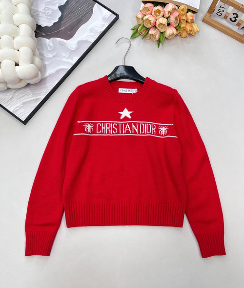 Dior Red Knit Sweater with Contrast Design for Elegant Look