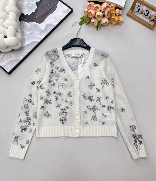 Dior Cozy V-Neck Embroidered Butterfly Long-Sleeve Knit Top