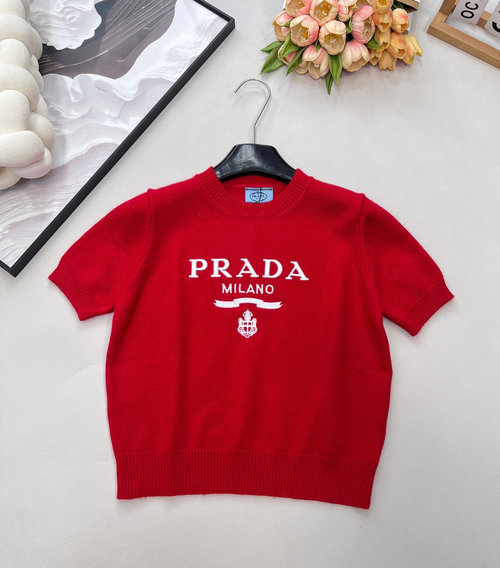 Prada Timeless Solid Embroidered Short-sleeve Knit Sweater
