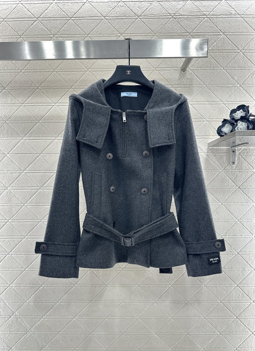 Prada Customized Wool Hooded Cloak Jacket with Brand Emblems