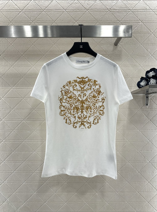 Dior Custom Silk-Cotton Round Neck Short Sleeve with Beaded Print Logo