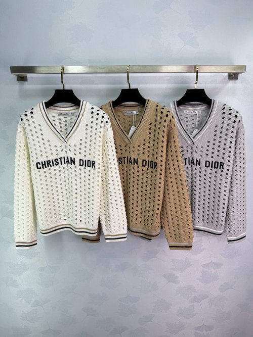 Dior Hollow V-Neck Sweater with Contrast Stripes and Letter Embellishment
