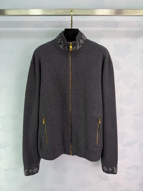 Louis Vuitton Monogram Pattern Wool Jacket with Golden Zipper and Side Pockets