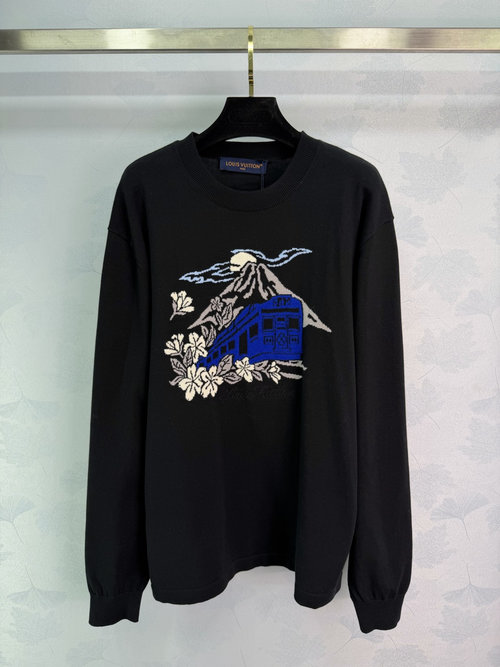 Louis Vuitton Fujiyama-Embroidered Black Sweater with Blue Train and Floral Elements, Japanese Aesthetic