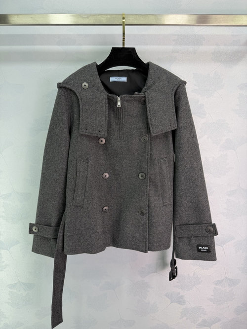 Prada Hooded Double-Breasted Belted Wool Blend Coat with Custom Hardware