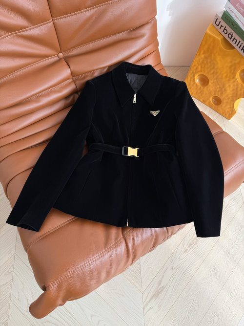 Prada Stylish and Warm Clip-cotton Velvet Coat with Waist Design