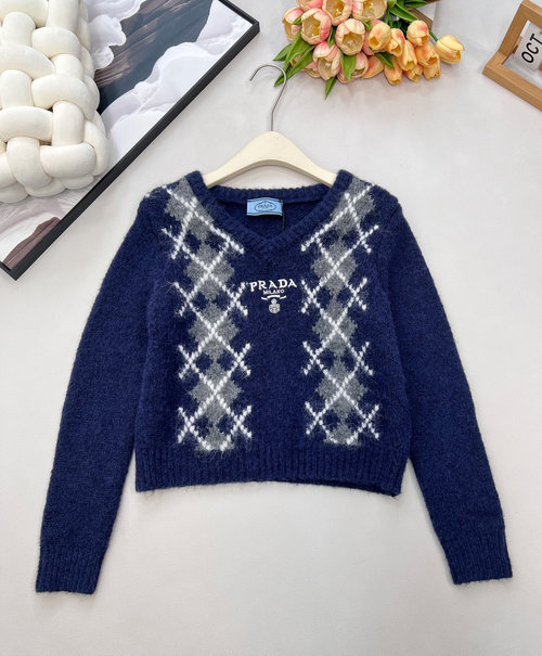 Prada Color Blocked Letter Embroidery V-Neck Knit Sweater