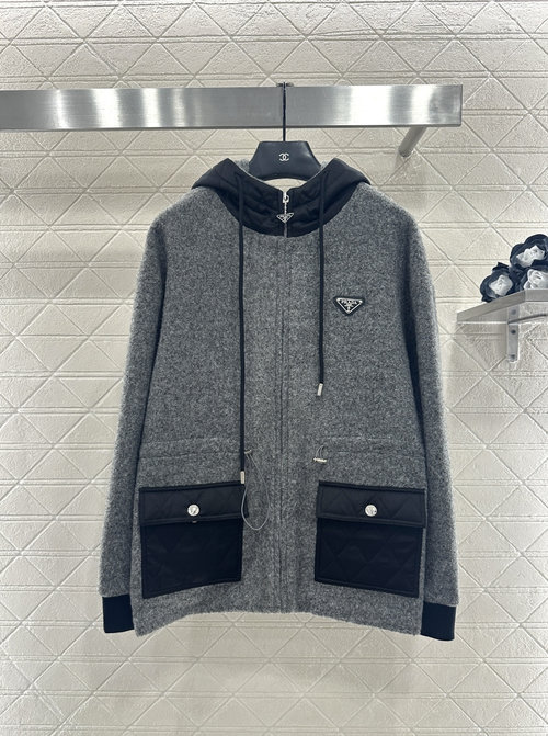 Prada Imported Wool Blend Hooded Jacket with Checked Nylon Inserts