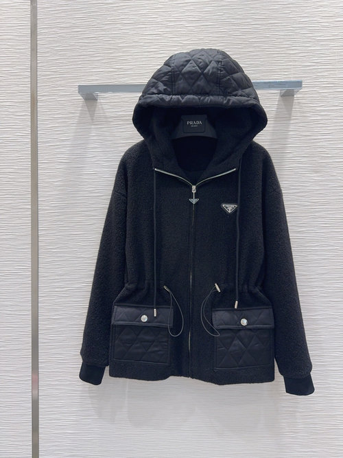 Prada High-End Hooded Jacket with Logo and Waist String