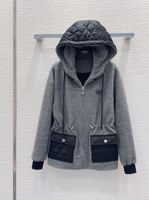 Prada High-End Hooded Jacket with Logo and Waist String