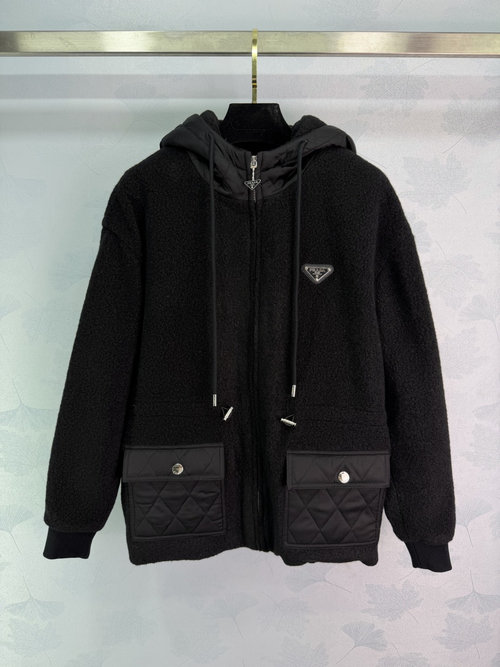 Prada Zippered Hooded Wool Blend Jacket with Quilted Pockets and Logo
