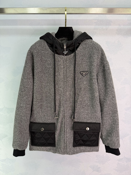 Prada Hooded Wool Blend Jacket with Triangle Logo and Quilted Pockets