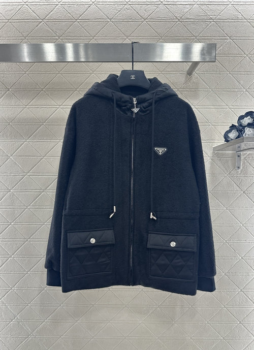 Prada Customized Wool Blend Hooded Zipper Coat with Checked Splicing