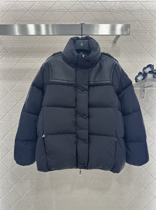 Moncler Customized Nylon Puffer Jacket with Leather Splicing and Shield Logo