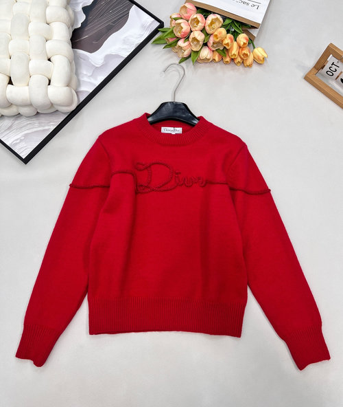 Dior Round Neck Letter Embroidery Knitted Sweater, Simple Style