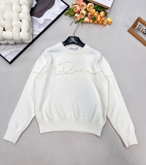 Dior Round Neck Letter Embroidery Knitted Sweater, Simple Style