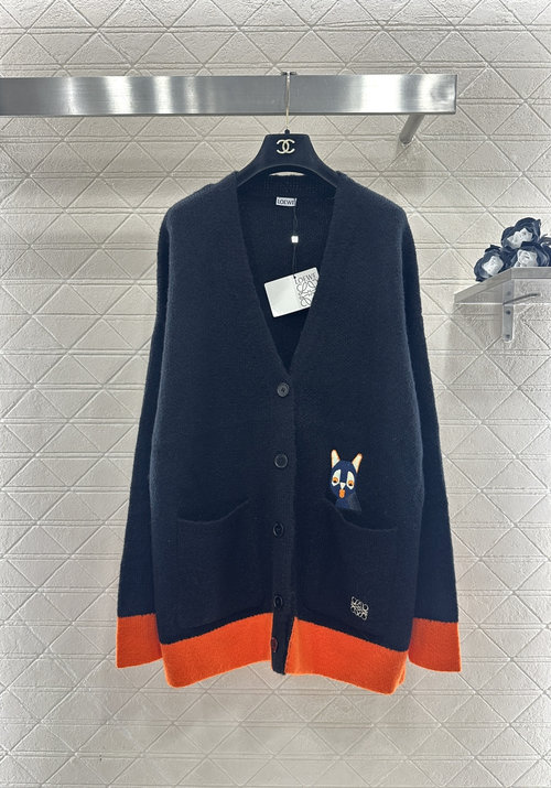 Loewe Black V - Neck Cat - Embroidered Knit Cardigan: Soft YB Wool