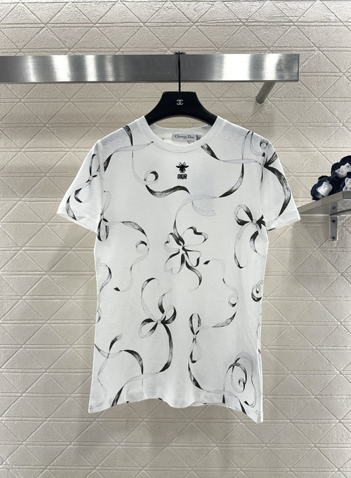 Dior Custom Cotton Short Sleeve Shirt with Bowknot and Bee Embroidery, Two Colors