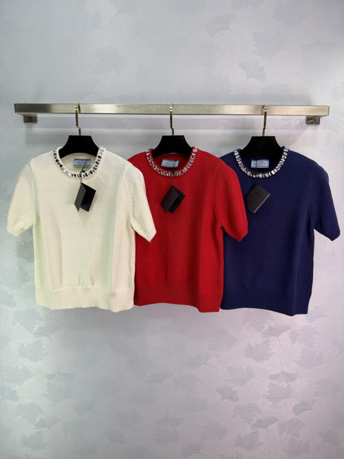 Prada Diamond-Embellished Neckline Knit Top for Effortless Elegance