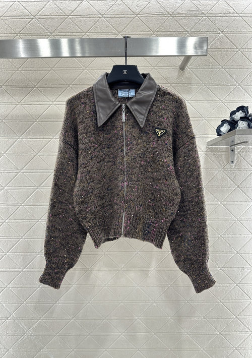 Prada Custom Wool Leather-Collared Knitted Zip-Up with Metal Logo