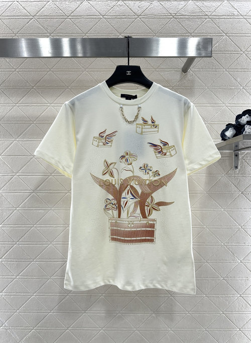 Louis Vuitton Bespoke Cotton Short Sleeve Shirt with Embroidered Logo and Four-Leaf Clover Motif