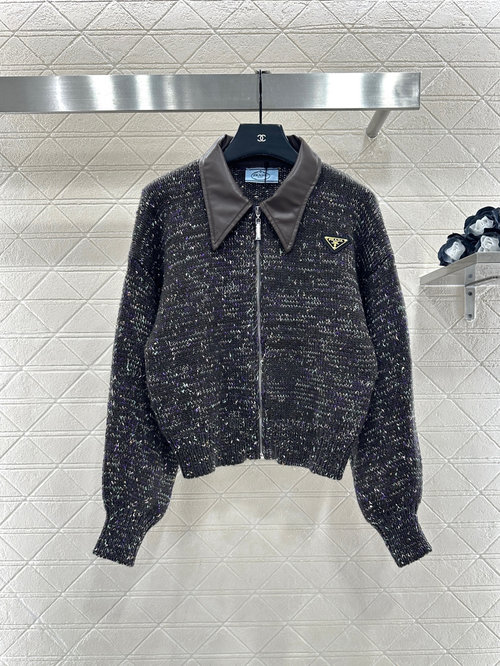 Prada Custom Wool Leather-Collared Knitted Zip-Up with Metal Logo