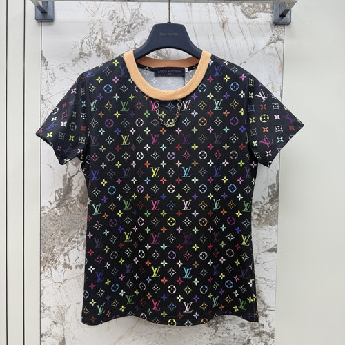 Louis Vuitton Round Neck Knit Cotton T-Shirt with Colorful Logo Patterns