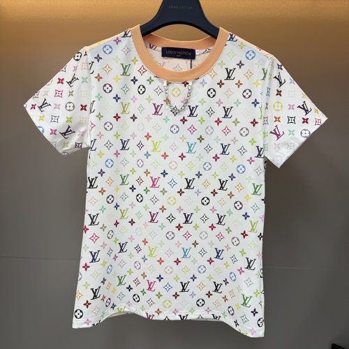 Louis Vuitton Round Collar Knitted Cotton T-shirt with Colorful Logo, Slim-fitting