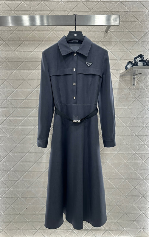 Prada Custom YB Acetate Collared Belted Dress with Metal Logo and Flared Skirt