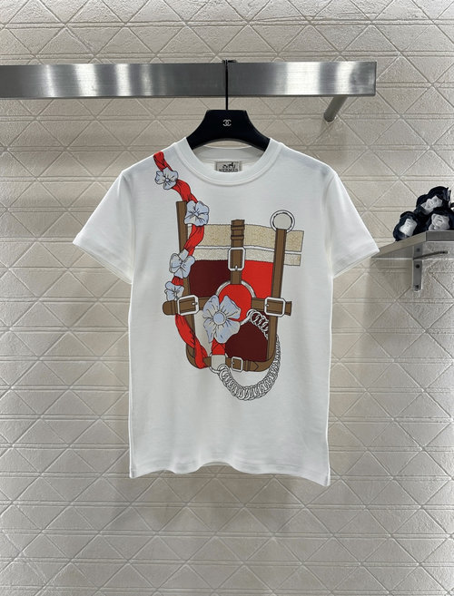 Hermes Round Neck Cotton T-Shirt with Logo Print and Artistic Accents